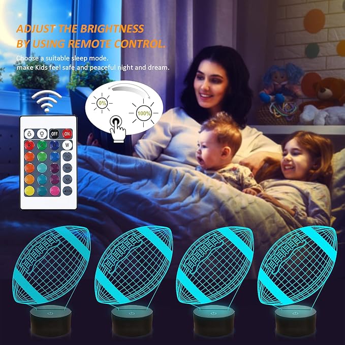 FULLOSUN Football 3D Night Light, American Football 3D Illusion Lamp for Kids with Remote 16 Colors Changing, Creative Birthday Rugby Gifts for Boy Girl Bedroom Decoration - LeafyLoom
