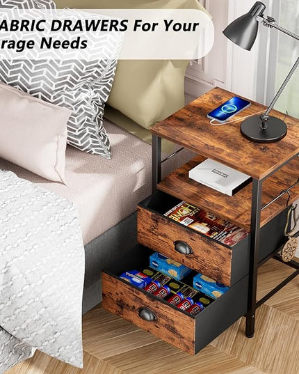 Furologee Nightstand Set of 2, Rustic Brown, with Charging Station and USB Ports, Side Tables with 2 Fabric Drawers, Bedside Tables with Storage Shelf & Hooks, for Living Room/Bedroom - LeafyLoom