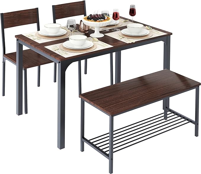 DlandHome 4 Person Dining Table Set, Dining Table with 2 Chairs and 1 Bench,Rectangular Space-Saving Dinner Table with Two Benches for Kitchen,Rustic Oak - LeafyLoom