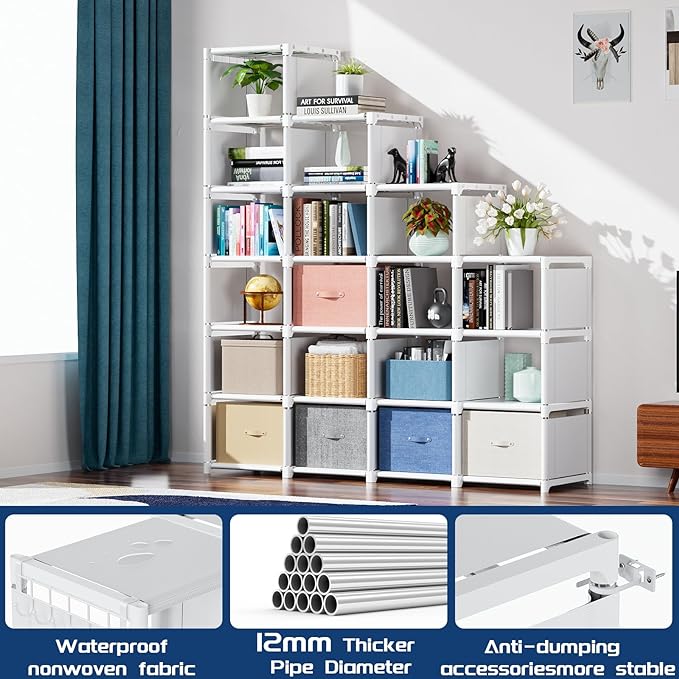 Mavivegue Book Shelf, 20 Cube Storage Organizer, DIY Bookcase, Metal Cube Bookshelf, Tall Book case for Bedroom, Living Room, Office, Closet Storage Organizer, Black Cubicle Storage Rack-White - LeafyLoom