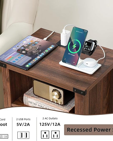 Night Stand Set of 2, 18 Inch Farmhouse Nightstand with with Charging Station and USB Port, Rustic Wood Bedside Table with Magnetic Door, Bed Side Tables for Bedroom, Brown Walnut - LeafyLoom