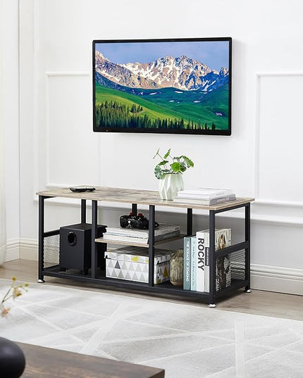 VECELO Industrial, Media Console Table up to 47 inch Television,3-tier Mesh/Wood Storage Shelves for Living Room/Bedroom, 39 inch TV Stand, Grey - LeafyLoom