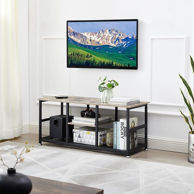 VECELO Industrial, Media Console Table up to 47 inch Television,3-tier Mesh/Wood Storage Shelves for Living Room/Bedroom, 39 inch TV Stand, Grey - LeafyLoom