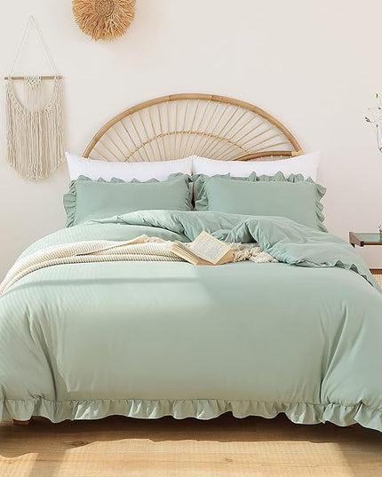 JANZAA California King Comforter Set Sage Green Comforter 3PCS Soft Fluffy Boho Comforter Vintage Farmhouse Bed (1 Ruffle Comforter with 2 Pillowcases) Shabby Chic Bedding for All Season - LeafyLoom