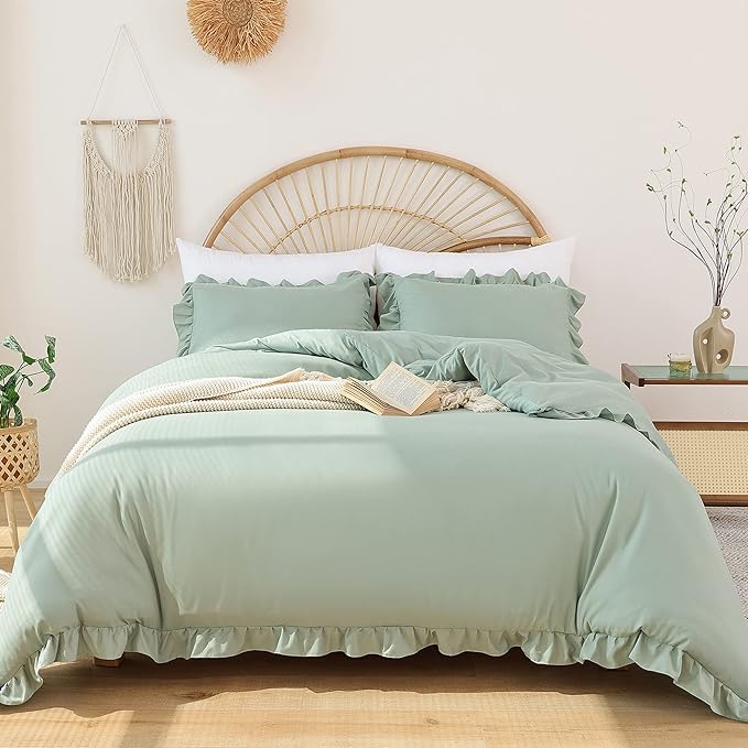 JANZAA California King Comforter Set Sage Green Comforter 3PCS Soft Fluffy Boho Comforter Vintage Farmhouse Bed (1 Ruffle Comforter with 2 Pillowcases) Shabby Chic Bedding for All Season - LeafyLoom