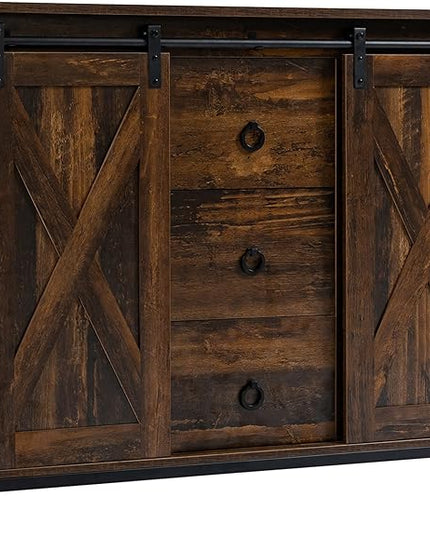 HOMCOM Industrial Farmhouse Buffet Cabinet, Kitchen Sideboard with Sliding Barn Doors, Three Drawers and Adjustable Shelves for Living Room, Rustic Brown - LeafyLoom