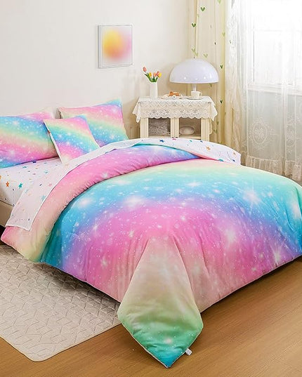 6 Pcs Bed in A Bag Glitter Galaxy Comforter Set Twin Size, Ombre Pink Rainbow Bedding Sets with Sheets for Girls - LeafyLoom