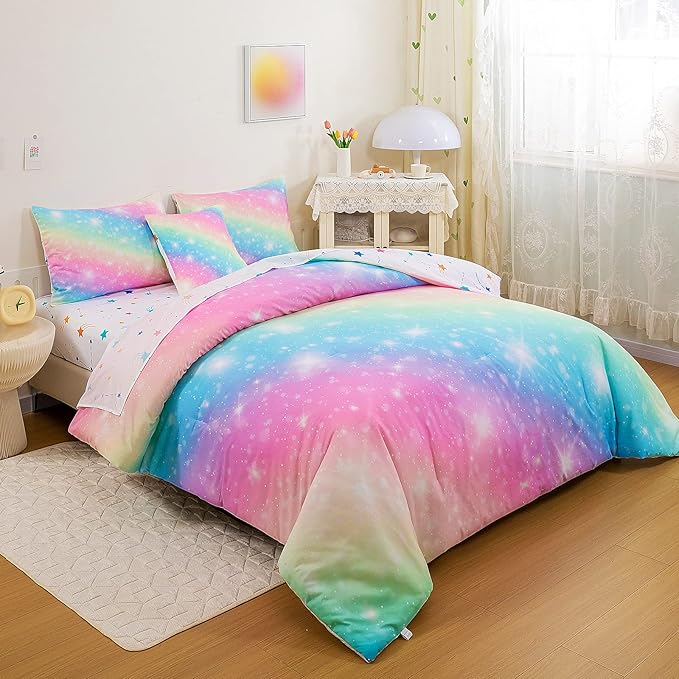 6 Pcs Bed in A Bag Glitter Galaxy Comforter Set Twin Size, Ombre Pink Rainbow Bedding Sets with Sheets for Girls - LeafyLoom