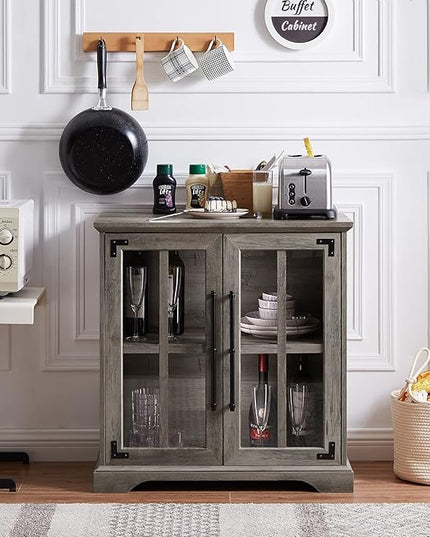 Okvnbjk Coffee Bar Storage Cabinet, Small Farmhouse Sideboard Buffet Cabinet with Doors & Shelves for Kitchen, Accent Credenza Cabinet for Living/Dining Room, Bedroom, Grey Wash - LeafyLoom