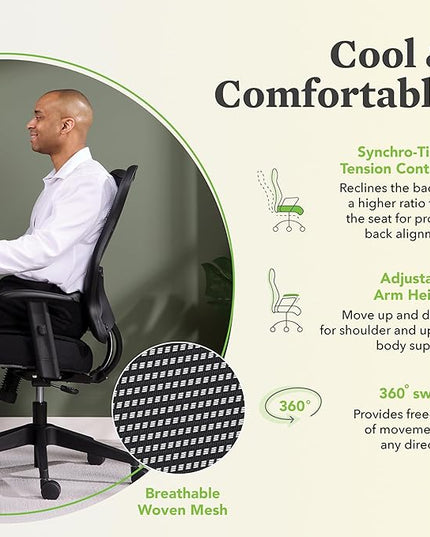 HON Wave Ergonomic Office Chair Back Support with High Back Mesh, Adjustable Arms, Comfortable Cushion, 360 Swivel Wheels, Synchro-Tilt, Black - LeafyLoom