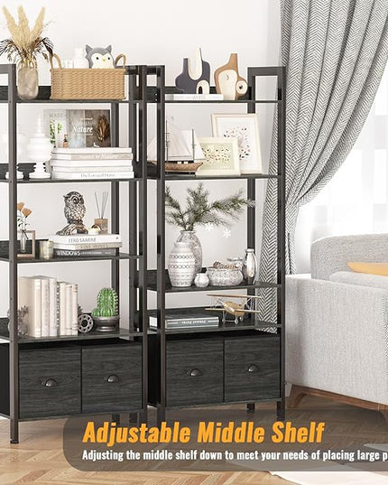 Furologee 5-Tier Bookshelf, Tall Bookcase with 2 Storage Drawers, Industrial Display Standing Shelf Units, Wood and Metal Storage Shelf for Living Room, Bedroom, Home Office, Black Oak - LeafyLoom