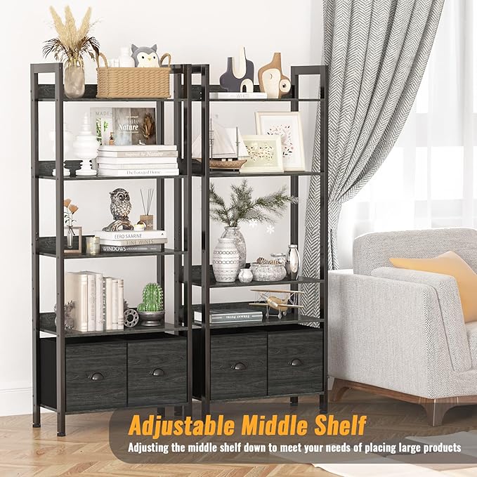 Furologee 5-Tier Bookshelf, Tall Bookcase with 2 Storage Drawers, Industrial Display Standing Shelf Units, Wood and Metal Storage Shelf for Living Room, Bedroom, Home Office, Black Oak - LeafyLoom
