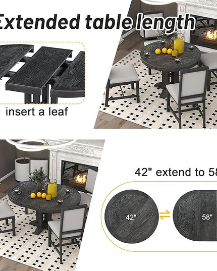5-Piece Farmhouse Extendable Dining Table Set for 4, Including Round Wooden Tabletop, 4 Upholstered Chairs, Ideal for Kitchen, Living Room, Black, Onesize - LeafyLoom