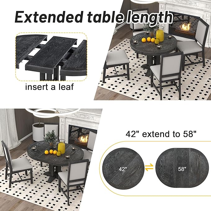 5-Piece Farmhouse Extendable Dining Table Set for 4, Including Round Wooden Tabletop, 4 Upholstered Chairs, Ideal for Kitchen, Living Room, Black, Onesize - LeafyLoom