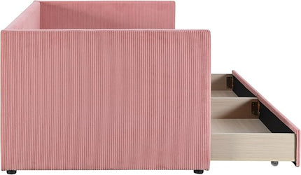 Twin Size Corduroy Daybed with 2 Storage Drawers, Day Bed with Solid Wood Slat Support for Bedroom Living Room Guestroom, No Box Spring Needed, Pink - LeafyLoom