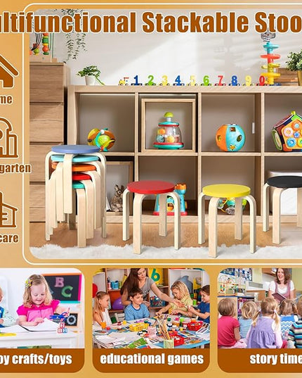 12 Inch Bentwood Stacking Stool for Kids Colored Durable Round Nesting Stool Flexible Wood Stackable Stool Chairs for Playroom Daycare Home Classroom(Colorful,8 Pcs) - LeafyLoom