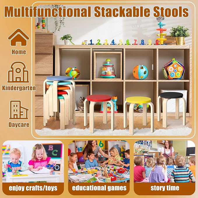 12 Inch Bentwood Stacking Stool for Kids Colored Durable Round Nesting Stool Flexible Wood Stackable Stool Chairs for Playroom Daycare Home Classroom(Colorful,8 Pcs) - LeafyLoom