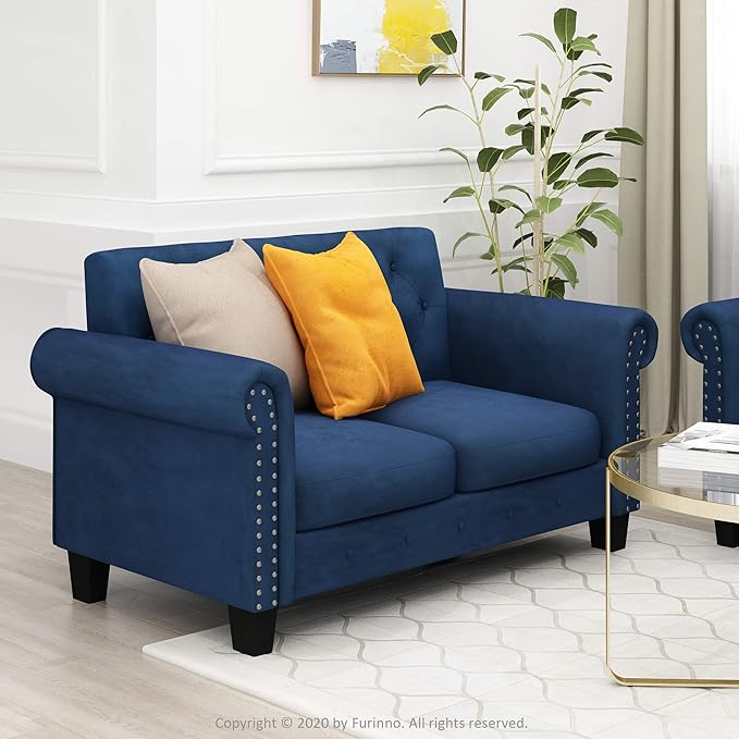 Furinno Bastia Vintage Modern Chesterfield Button Tufted Loveseat/Sofa Couch for Living Room, Navy Velvet - LeafyLoom
