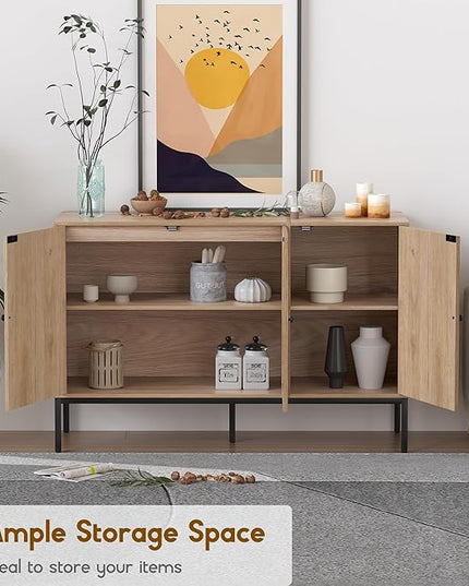 Sideboard Buffet Cabinet with Handmade Natural Decorated Doors, Buffet Cabinet Rattan Cabinet, Sideboard Cabinet with Metal Legs for Living Room, Hallway, Entryway Natural 3 Doors - LeafyLoom