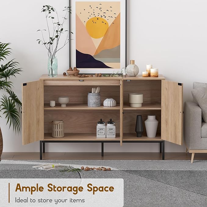 Sideboard Buffet Cabinet with Handmade Natural Decorated Doors, Buffet Cabinet Rattan Cabinet, Sideboard Cabinet with Metal Legs for Living Room, Hallway, Entryway Natural 3 Doors - LeafyLoom