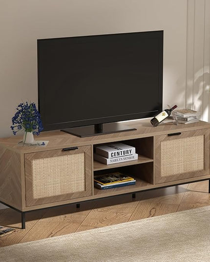 Anmytek Rattan TV Stand for 65 Inch TV Mid Century Modern Entertainment Center with Natural Rattan Door & Herringbone Texture Large TV Console Table for Living Room, Natural Oak - LeafyLoom