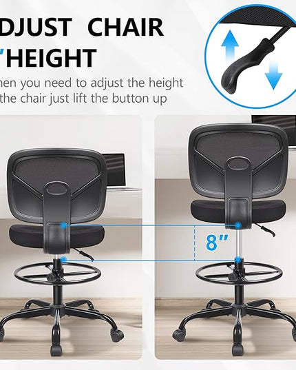 Primy Office Drafting Chair Armless, Tall Office Desk Chair Adjustable Height and Footring, Mid-back Ergonomic Standing Desk Chair Mesh Rolling Tall Chair for Art Room, Office or Home(Black) - LeafyLoom