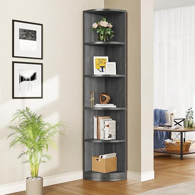 YITAHOME 70.8" Corner Shelf, 5 Tier Corner Bookshelf and bookcase, Modern Open Free Standing Shelving Unit Wooden Display Rack Storage Shelves for Bedroom, Living Room, Home Office, Charcoal Gray - LeafyLoom