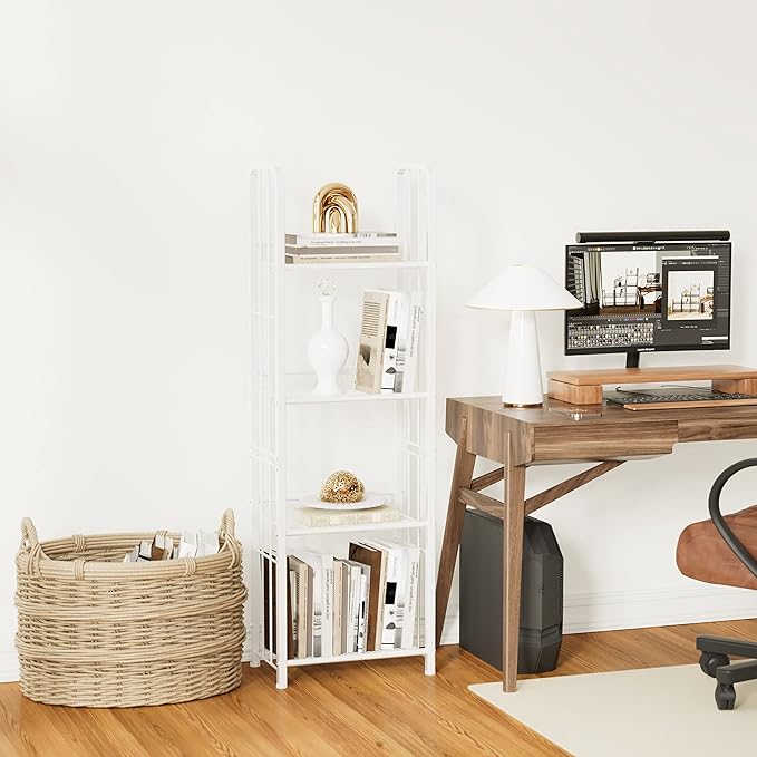 Bookshelf Storage Shelf Small Bookcase Freestanding Storage Stand for Living Room Bedroom, Kitchen, Rust Resistance, Easy Assembly Free Combination Multi-Functional Organizer (4 Tiers, White) - LeafyLoom