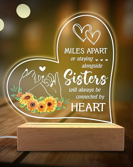Acrylic Night Light Gifts for Sister - Sisters Will Always be Connected by Hearts - Thoughtful Sister Gifts from Sister, Brother - Birthday Gifts for Sister from Brother, Sister - LeafyLoom