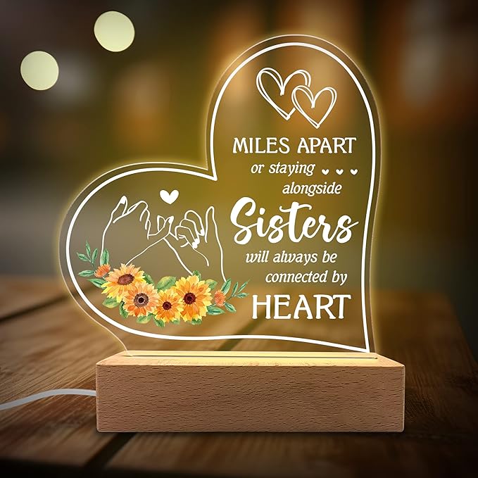 Acrylic Night Light Gifts for Sister - Sisters Will Always be Connected by Hearts - Thoughtful Sister Gifts from Sister, Brother - Birthday Gifts for Sister from Brother, Sister - LeafyLoom
