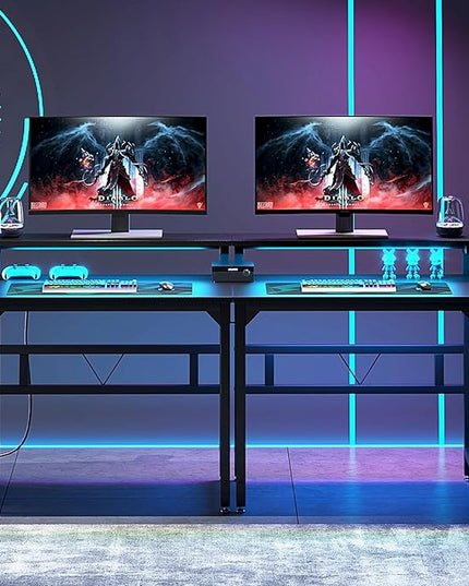 Gaming Desk with Power Outlets & LED Strip Lights,80CM Industrial Writing Desk with Adjustable Monitor Stand, Cupholder and Headphone Hook for Home Office Black - LeafyLoom