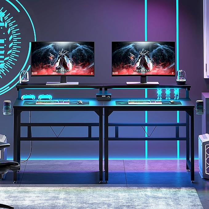 Gaming Desk with Power Outlets & LED Strip Lights,80CM Industrial Writing Desk with Adjustable Monitor Stand, Cupholder and Headphone Hook for Home Office Black - LeafyLoom