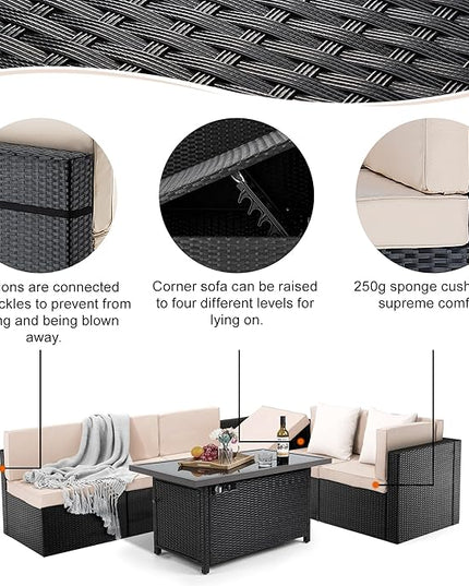 Pamapic 8 Pieces Patio Furniture Set Conversation Sofa with 42 Inch 50,000 BTU Auto-Ignition Outdoor Fire with Glass Wind Guard, Wicker Sofa (Black Wicker, Beige Cushions) - LeafyLoom