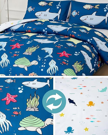 WINLIFE Shark Twin Comforter Set for Boys Blue Ocean Theme Printed Bedding Set, Super Soft and Easy Wash Reversible Kids Bed Set 1 Comforter 2 Pillowcases (3-Pieces, Twin) - LeafyLoom