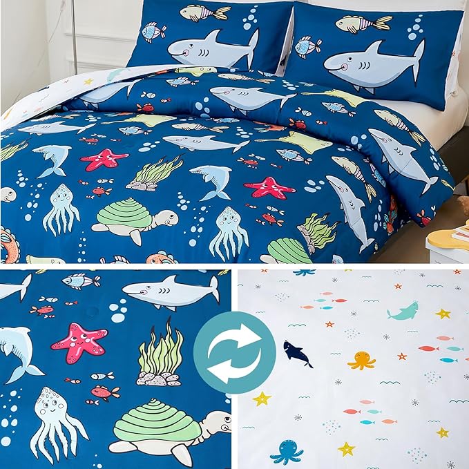 WINLIFE Shark Twin Comforter Set for Boys Blue Ocean Theme Printed Bedding Set, Super Soft and Easy Wash Reversible Kids Bed Set 1 Comforter 2 Pillowcases (3-Pieces, Twin) - LeafyLoom