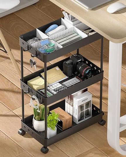 TOOLF Rolling Storage Cart, 3 Tier Utility Cart on Wheels, Bathroom Rolling Cart Organizer with Divider & Hooks, Mobile Shelving Unit Storage Cart for Laundry Kitchen Dorm, Matte Black - LeafyLoom