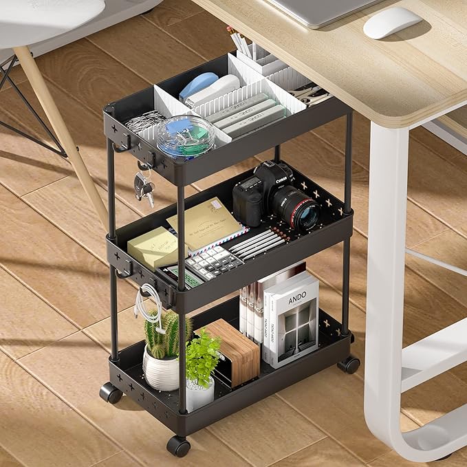 TOOLF Rolling Storage Cart, 3 Tier Utility Cart on Wheels, Bathroom Rolling Cart Organizer with Divider & Hooks, Mobile Shelving Unit Storage Cart for Laundry Kitchen Dorm, Matte Black - LeafyLoom