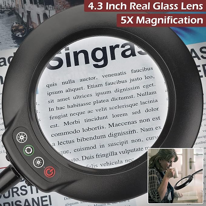 5X Stand Magnifying Glass with Light, Veemagni 24" Flexible Gooseneck 5 Color Modes Stepless Dimmable Magnifying Floor Lamp, 3-in-1 Adjustable Lighted Magnifier Hands Free for Close Work, Esthetican - LeafyLoom