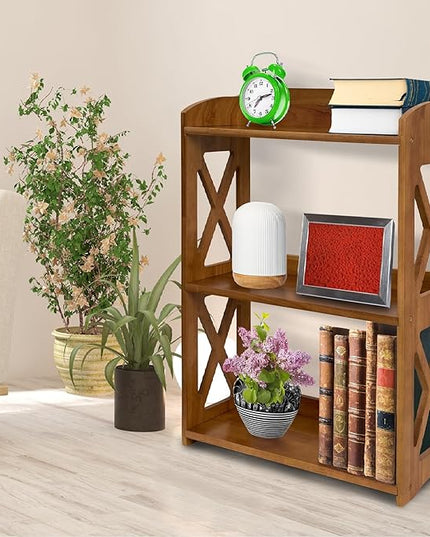 Side Table 3 Tier Bookshelf, Natural Wood Bookcase with Storage Shelf, Table Nightstand, Small Bookshelf, Open Bookcase, Display Rack for Office, Bedroom, Living Room and Kitchen (Brown) - LeafyLoom