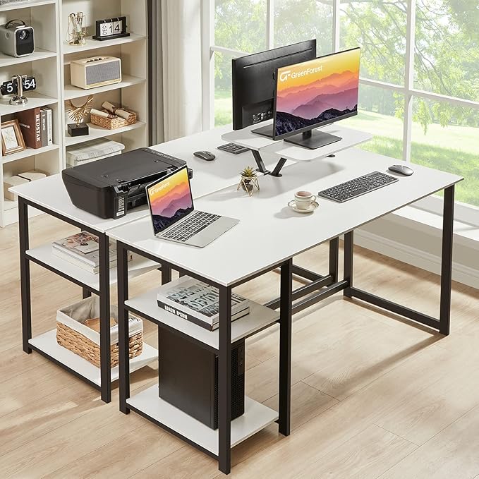 GreenForest Computer Home Office Desk with Monitor Stand and Reversible Storage Shelves,55 inch Modern Simple Writing Study PC Work Table,White - LeafyLoom
