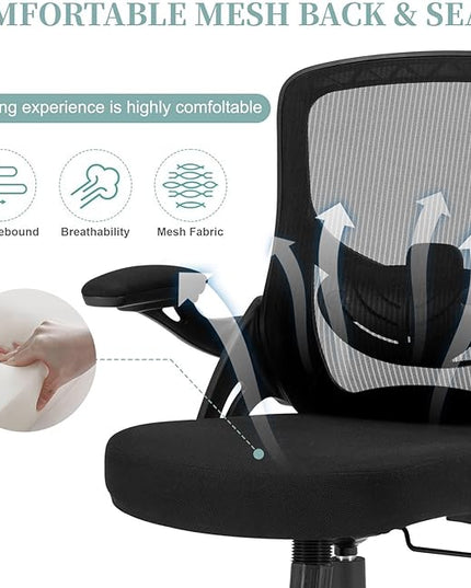 Ergonomic Mesh Office Chair, Comfy Desk Chair with Flip up Armrests, Swivel Computer Desk Chair with Adjustable Lumbar Support and Height for Home Office, 300 lbs Capacity - LeafyLoom