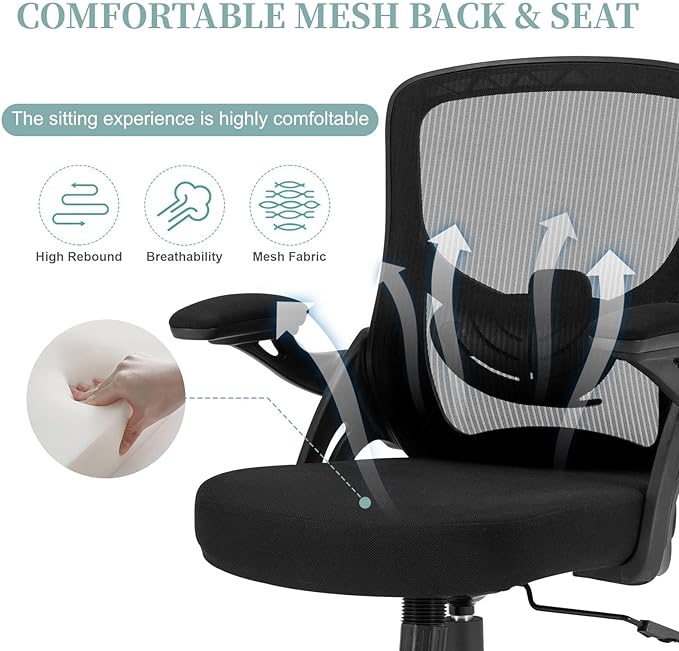 Ergonomic Mesh Office Chair, Comfy Desk Chair with Flip up Armrests, Swivel Computer Desk Chair with Adjustable Lumbar Support and Height for Home Office, 300 lbs Capacity - LeafyLoom