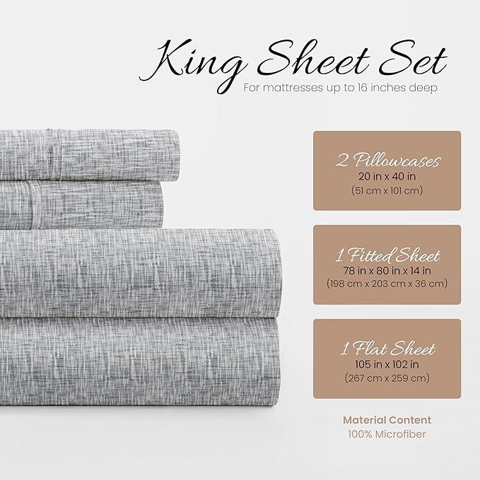 Linen Market 4 Piece King Bedding Sheet Set (Light Gray Chambray) - Sleep Better Than Ever with These Ultra-Soft & Cooling Bed Sheets for Your King Size Bed - Deep Pocket Fits 16" Mattress - LeafyLoom