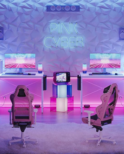 Bestier Gaming Desk with Power Outlets, 44 Inch Led Gamer Desk with 4 Tiers Reversible Shelves, PC Gaming Table with Headset Hook & Side Storage Bag for Bedroom (White 3D Carbon Fiber) - LeafyLoom
