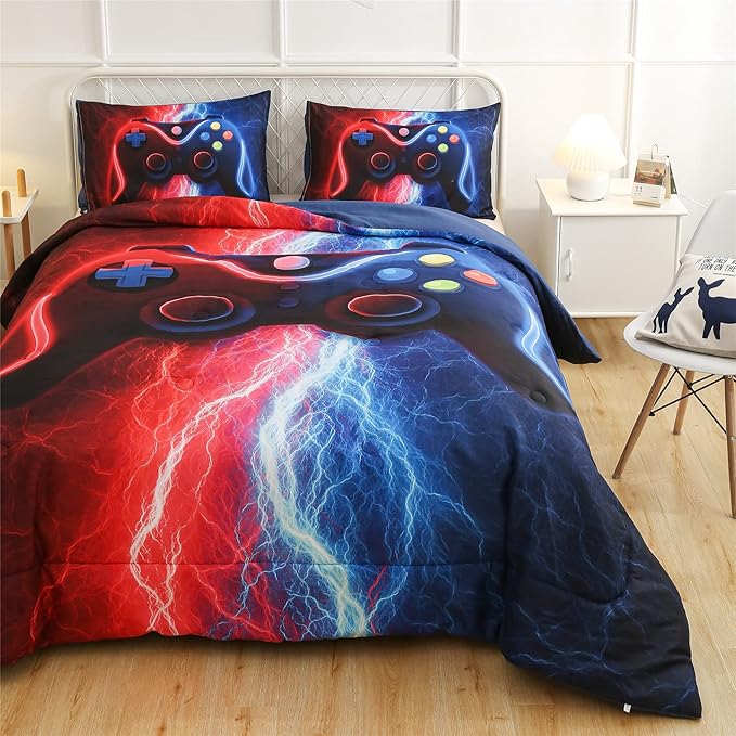 Meeting Story Gamer Gaming Bedding Sets Red-Blue Lightnings Gamepad Comforter Set for Boys Games Console Action Buttons Novelty Colorful Modern Room Decor Home Quilt Set (Red-Blue, Full) - LeafyLoom