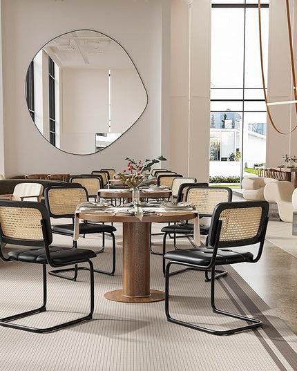 Farini Kitchen Dining Chairs Set of 2,Mid-Century Modern Chair Armless Mesh Backrest Cane Rattan Chairs for Home Dining Room(Black-PU Leather) - LeafyLoom