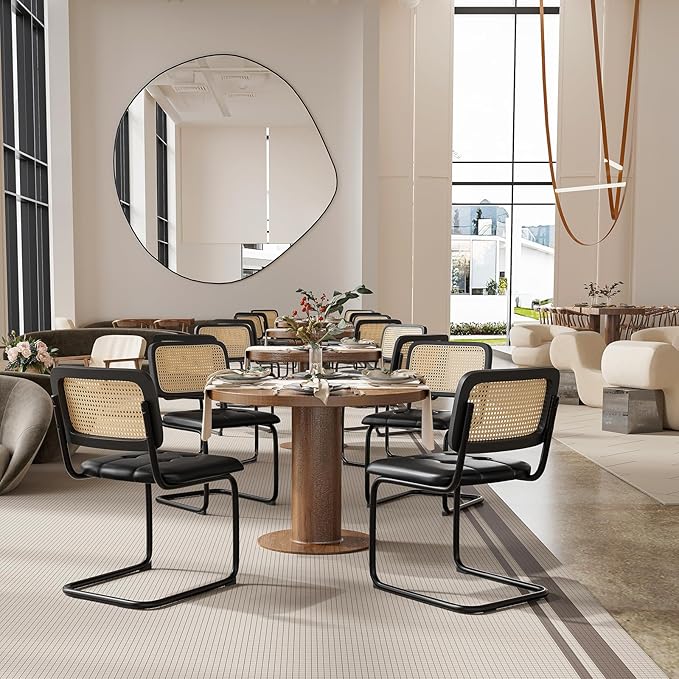 Farini Kitchen Dining Chairs Set of 2,Mid-Century Modern Chair Armless Mesh Backrest Cane Rattan Chairs for Home Dining Room(Black-PU Leather) - LeafyLoom