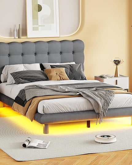 RITSU Full Size Velvet Fabric Platform Bed, Solid Wood Bedframe with LED, Button-Tufted Design Headboard, includes 16 Colors Lights Can Remote Control, No Box Spring Needed, Gray - LeafyLoom