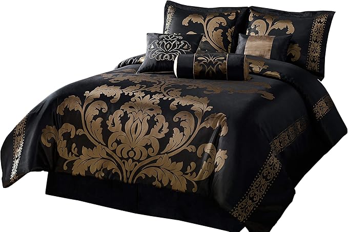 Chezmoi Collection Royale 7-Piece Jacquard Floral Comforter Set, Oversized King, Black/Gold - LeafyLoom