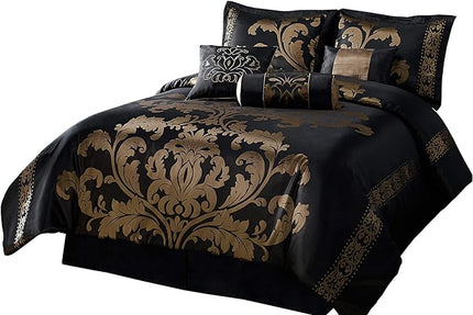 Chezmoi Collection Royale 7-Piece Jacquard Floral Comforter Set, Oversized Queen, Black/Gold - LeafyLoom